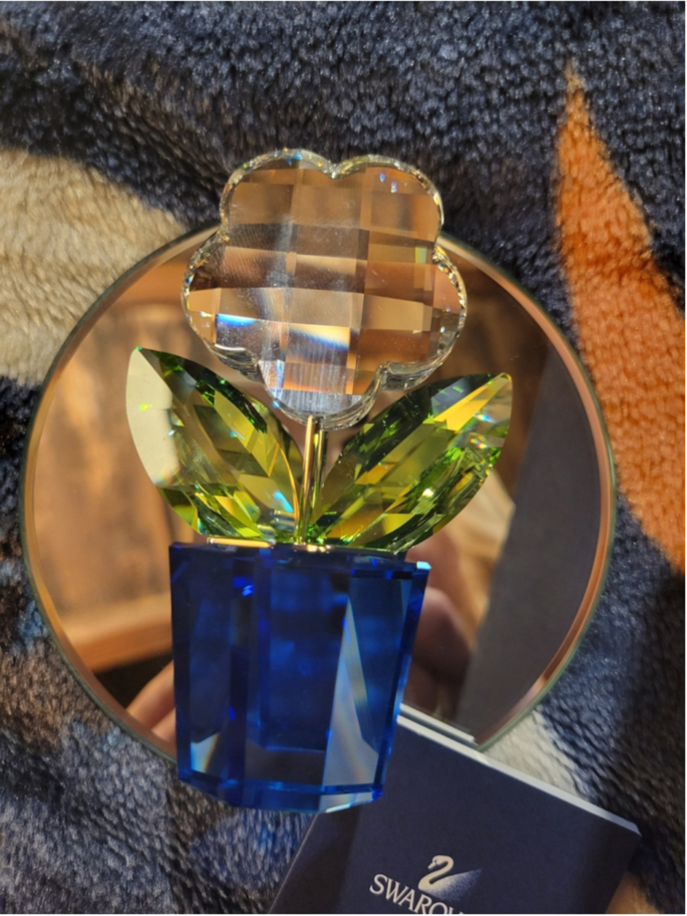 Swarovski Crystal Flower with Green Leaves and Cobalt Blue Vase "Happy Flower"
